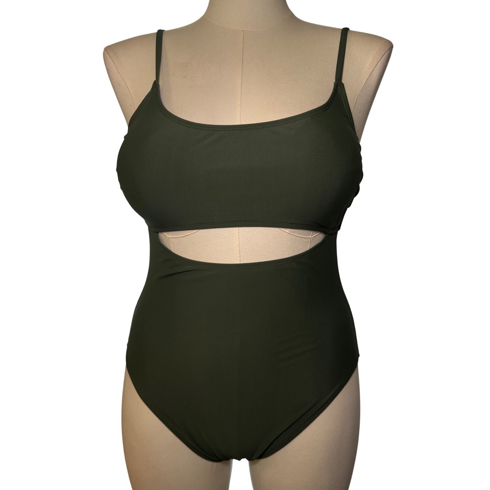 Shade & Shore Womens Olive Green Front Cutout One Piece Swimsuit Size L 12-14